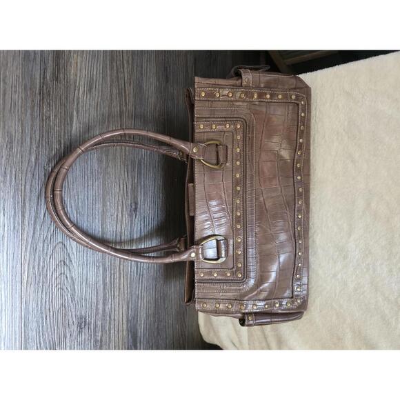 Nine West Brown Croc Embossed Studded Satchel | Leopard Lining - Picture 3 of 5